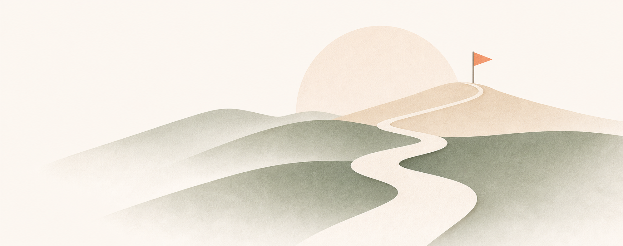 一条道路穿过层叠山丘通向橙色旗帜的纸艺插画